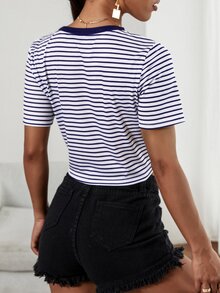 Camiseta corta bajo girante de rayas - Azul y blanco - Ver 2