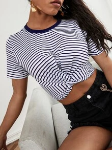 Camiseta corta bajo girante de rayas - Azul y blanco - Ver 5