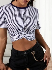 Camiseta corta bajo girante de rayas - Azul y blanco - Ver 6