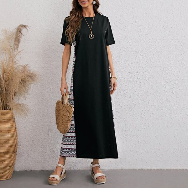 

Chevron Print Tee Dress, Black