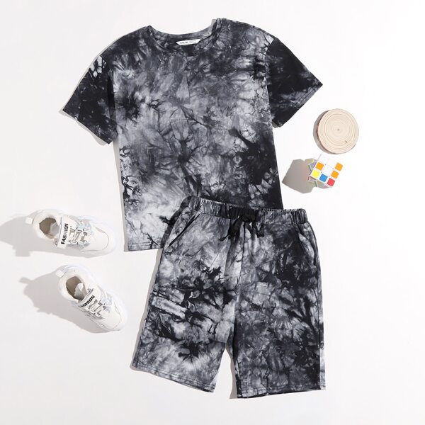 

Boys Tie Dye Tee & Drawstring Track Shorts Set, Black and white