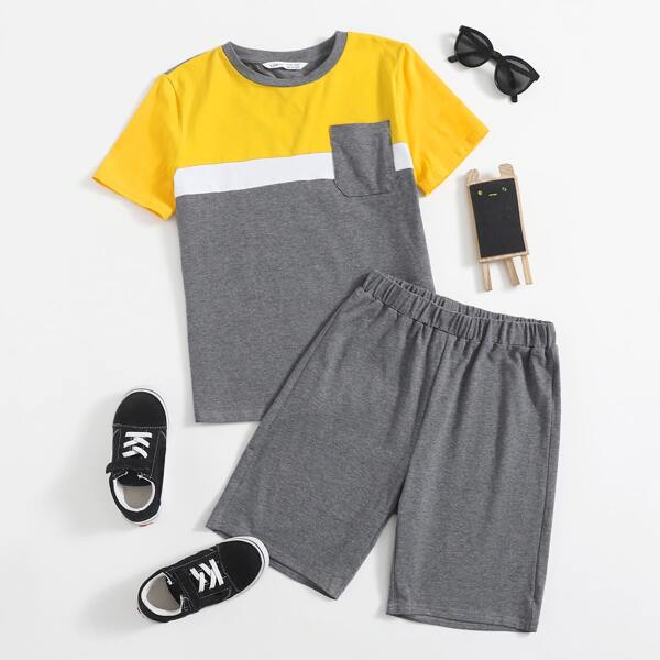 

Boys Patch Pocket Colorblock Top & Track Shorts Set, Grey
