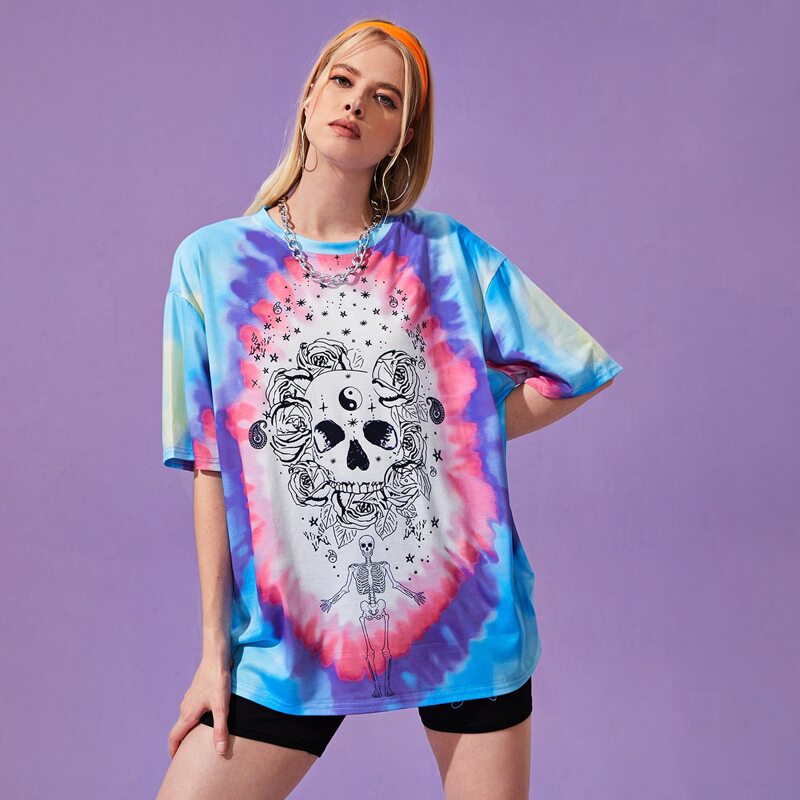 

Yin And Yang Skull Graphic Tie Dye Oversized Tee, Multicolor
