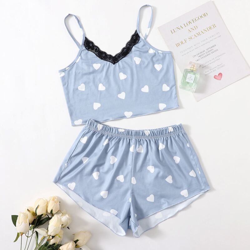 

Allover Heart Print Contrast Lace Cami PJ Set, Baby blue