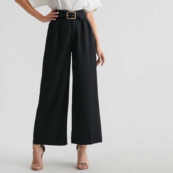 

Solid Wide Leg Buckle Belted Pants, Black