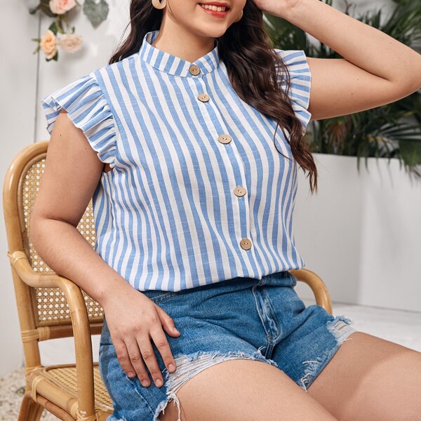 

Plus Mock Neck Butterfly Sleeve Striped Blouse, Blue and white