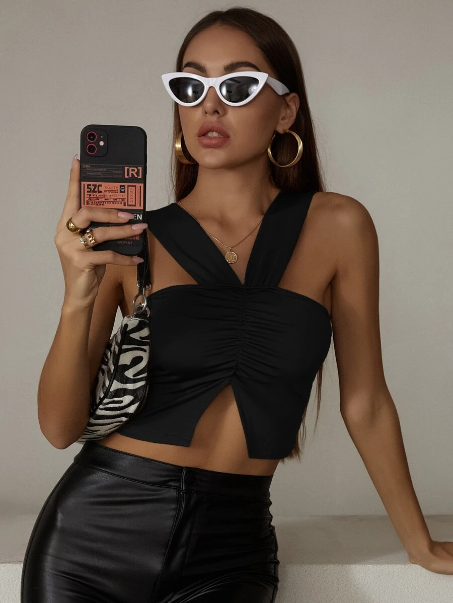 SHEIN ChicEase Áo hai dây Chia màu trơn Gợi cảm - màu đen - Xem 1