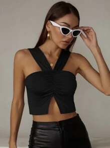 SHEIN ChicEase Áo hai dây Chia màu trơn Gợi cảm - màu đen - Xem 3