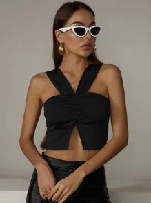 SHEIN ChicEase Áo hai dây Chia màu trơn Gợi cảm - màu đen - Xem 5