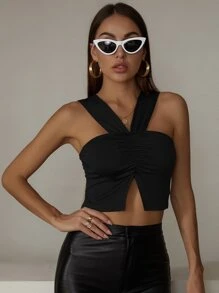SHEIN ChicEase Áo hai dây Chia màu trơn Gợi cảm - màu đen - Xem 6