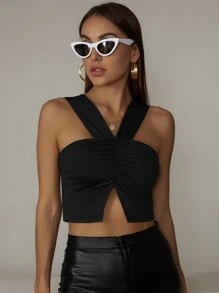 SHEIN ChicEase Áo hai dây Chia màu trơn Gợi cảm - màu đen - Xem 7