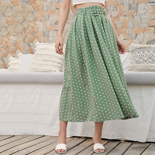 

Buckle Belted Polka Dot Skirt, Mint green