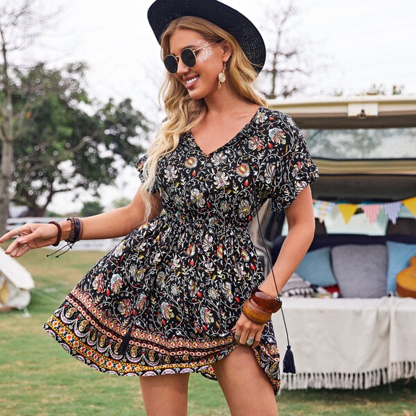 

Tie Neck Floral Print Dress, Multicolor