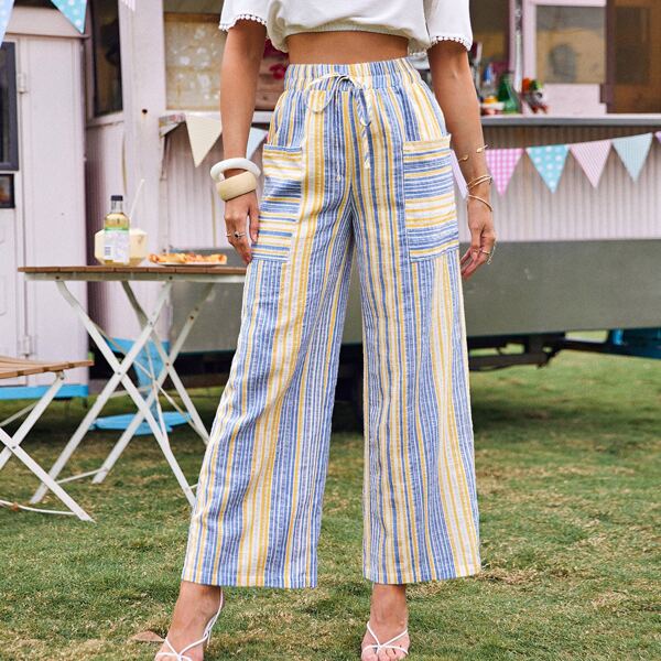 

Knot Waist Pocket Front Striped Pants, Multicolor