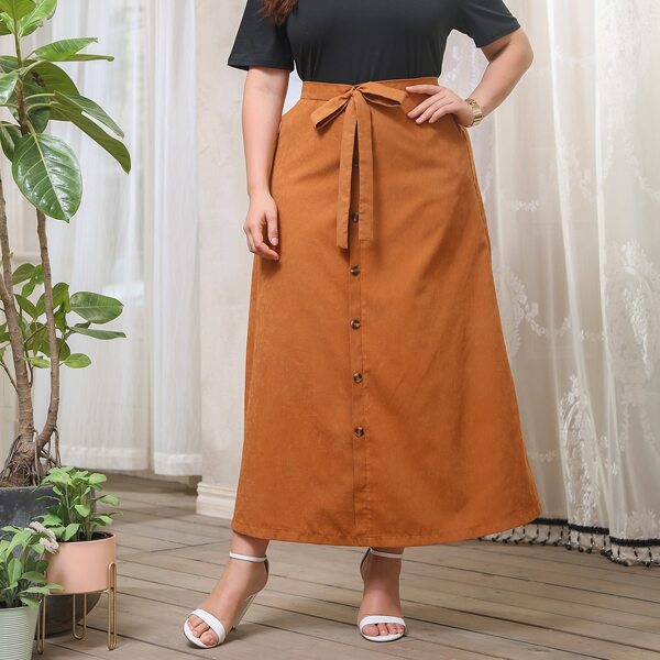 

Plus Solid Top & Button Front Skirt Set, Multicolor