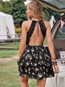 SHEIN Frenchy Guipure Lace Insert Open Back Floral Layered Dress Summer Vacation Flower - Multicolor - View 2