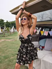 SHEIN Frenchy Guipure Lace Insert Open Back Floral Layered Dress Summer Vacation Flower - Multicolor - View 3