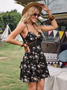 SHEIN Frenchy Guipure Lace Insert Open Back Floral Layered Dress Summer Vacation Flower - Multicolor - View 4