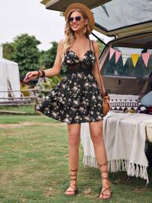 SHEIN Frenchy Guipure Lace Insert Open Back Floral Layered Dress Summer Vacation Flower - Multicolor - View 6