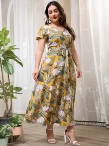 Mulvari Plus Floral V Neck Belted Dress For Summer