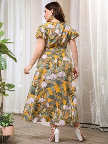 Mulvari Plus Floral V Neck Belted Dress For Summer