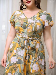 Mulvari Plus Floral V Neck Belted Dress For Summer