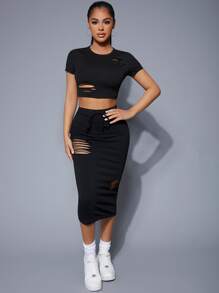 SHEIN SXY Ripped Crop Top - Black - View 5