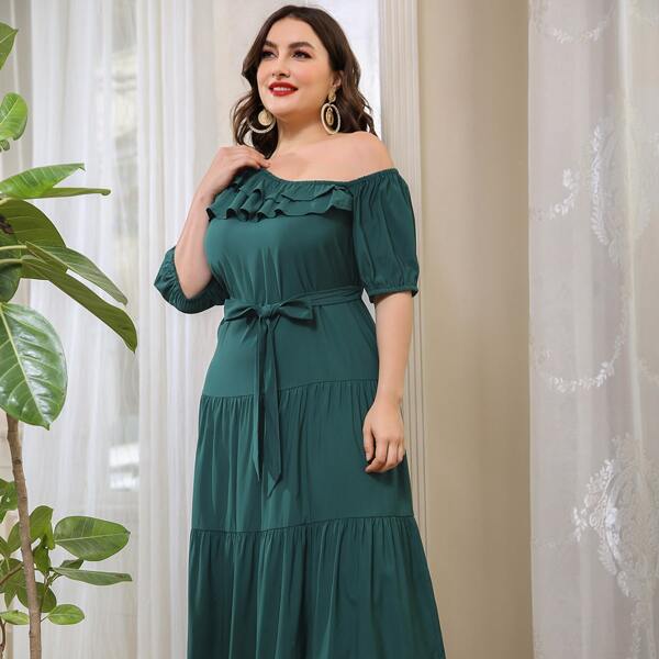 

Plus Asymmetric Neck Ruffle Trim Belted Dress, Dark green