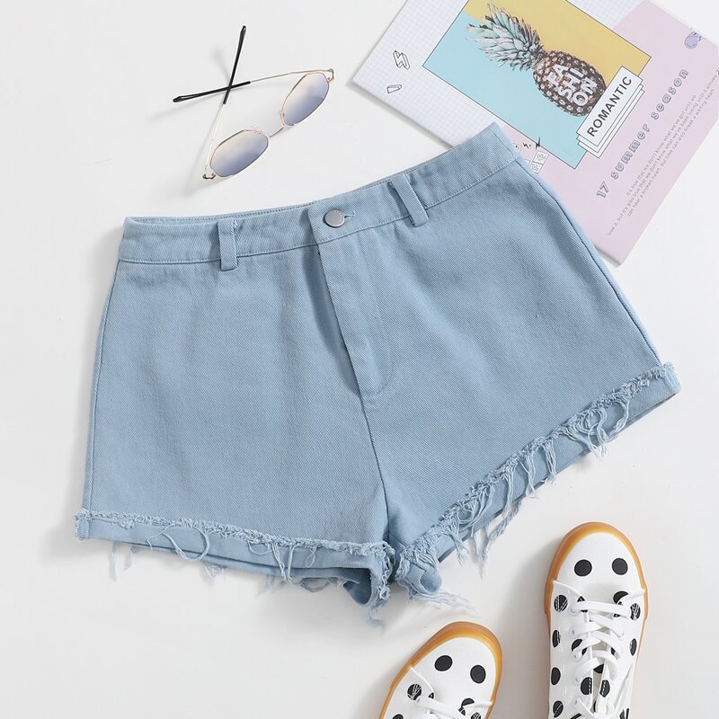 

Zipper Fly Fringe Detail Shorts, Baby blue