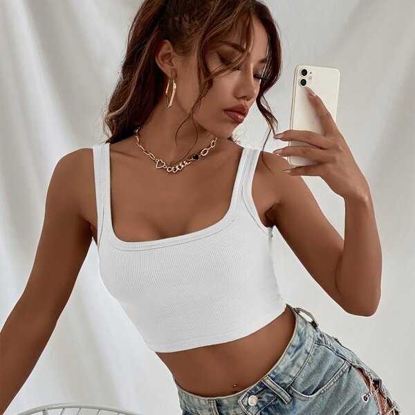 

Solid Ribbed Crop Tank Top, White