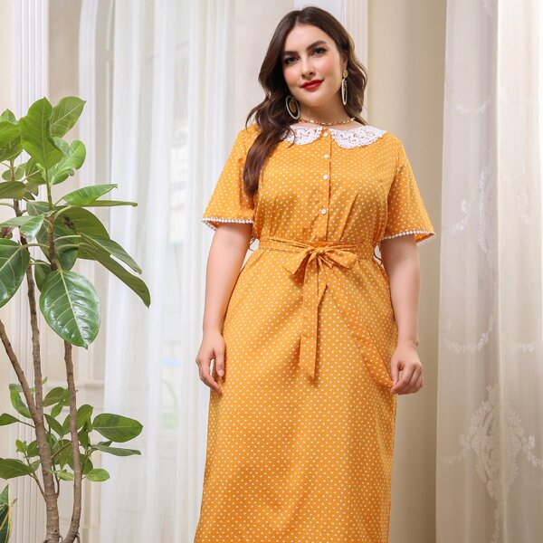 

Plus Peter Pan Collar Confetti Heart Print Belted Dress, Yellow