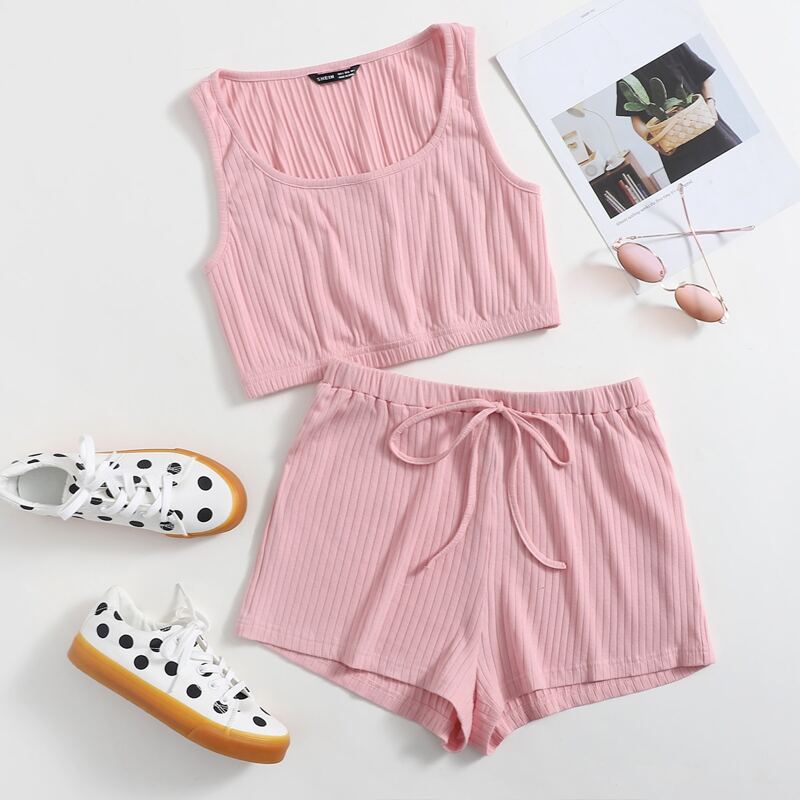 

Rib-knit Solid Crop Tank Top & Knot Waist Shorts Set, Baby pink