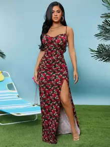 SHEIN SXY 垂褶領開衩印花吊帶連衣裙 - 彩色 - 查看 1