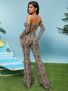 SHEIN SXY Off Shoulder Cut Out Front Zebra Striped and Leopard Top & Trousers Set - Multicolor - View 2