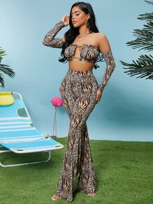 SHEIN SXY Off Shoulder Cut Out Front Zebra Striped and Leopard Top & Trousers Set - Multicolor - View 6