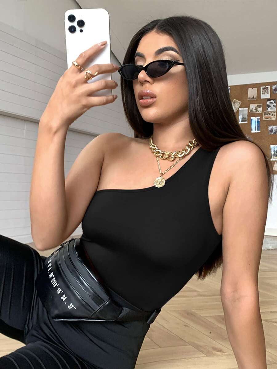 SHEIN Allurite Áo nữ màu trơn Giải trí - màu đen - Xem 1