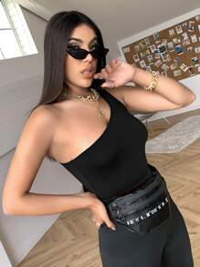 SHEIN Allurite Áo nữ màu trơn Giải trí - màu đen - Xem 5