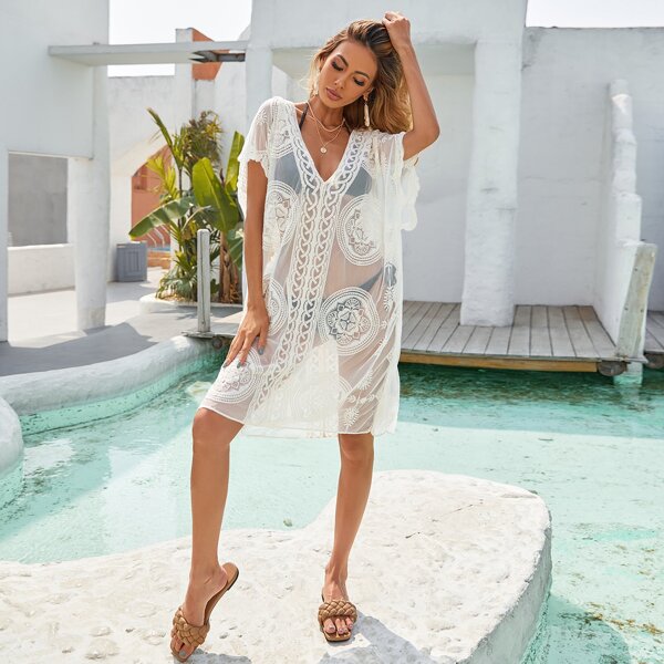 

Batwing Sleeve Embroidered Mesh Cover Up Dress Without Bikini Set, White