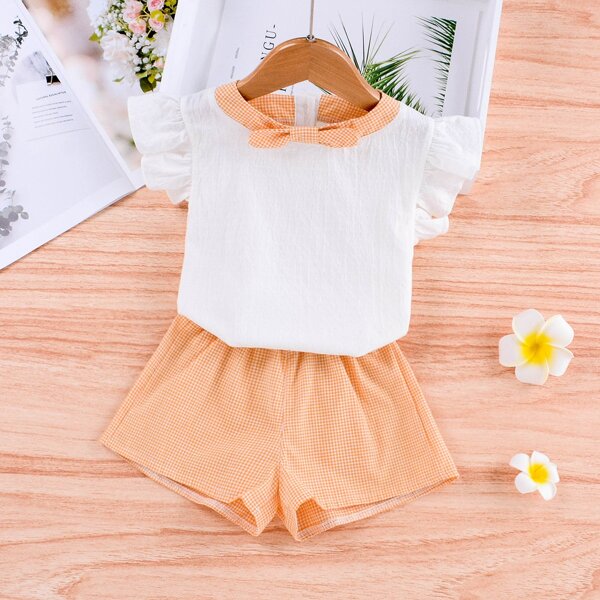 

Toddler Girls Bow Neck Ruffle Blouse & Gingham Shorts, Multicolor