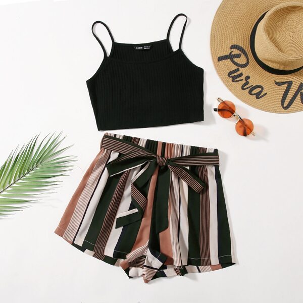 

Rib-knit Cami Top & Self Belted Striped Shorts Set, Multicolor