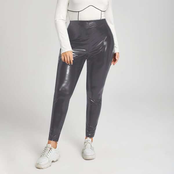 

Plus High Waisted PU Leggings, Dark grey