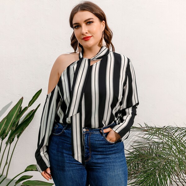 

Plus Striped Asymmetrical Tie Neck Blouse, Black and white