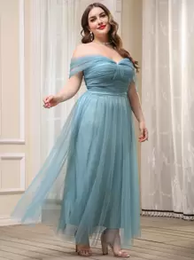 Plus Off The Shoulder Mesh Overlay Maxi Prom Dress