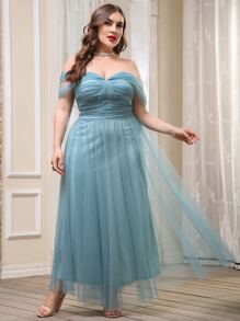 Plus Off The Shoulder Mesh Overlay Maxi Prom Dress