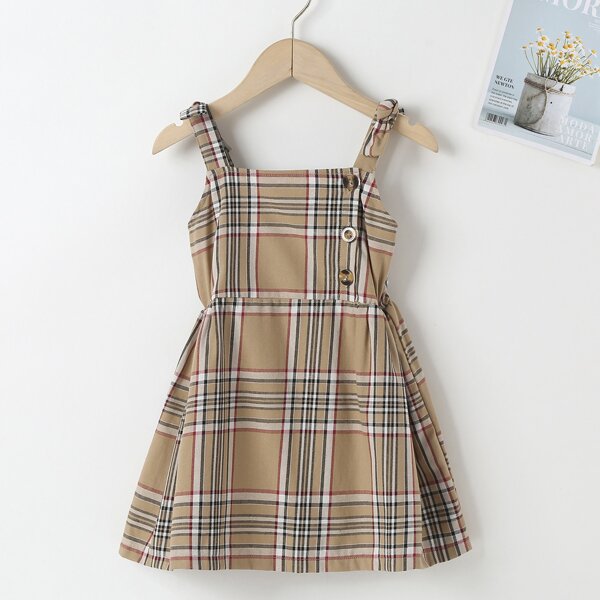

Toddler Girls Plaid Print Button Detail Cami Dress, Khaki