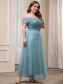 Plus Off The Shoulder Mesh Overlay Maxi Prom Dress