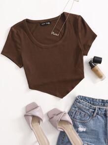 SHEIN EZwear 不對稱下擺羅紋針織上衣 - 巧克力棕 - 查看 1