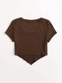 SHEIN EZwear 不對稱下擺羅紋針織上衣 - 巧克力棕 - 查看 2