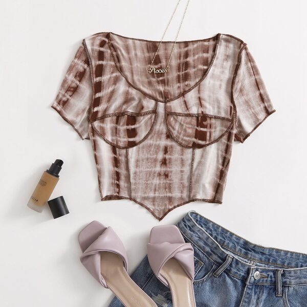 

Contrast Stitch Asymmetrical Hem Tie Dye Top, Multicolor