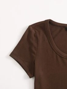 SHEIN EZwear 不對稱下擺羅紋針織上衣 - 巧克力棕 - 查看 3